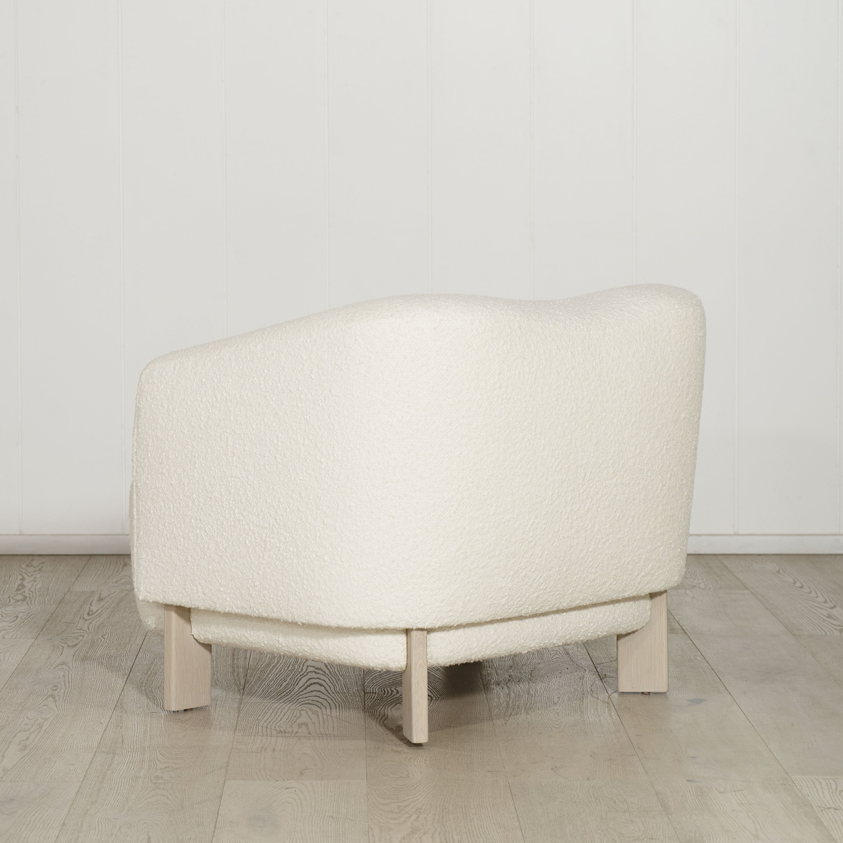 As Shown: in Berber White. Oak legs finished in Mint White Super White