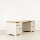 As Shown: Beach White (Top) in Solid Oak with a Bullnosed Edge, Plaster Limestone (Base) in Revere Pewter