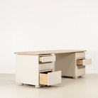 As Shown: Beach White (Top) in Solid Oak with a Bullnosed Edge, Plaster Limestone (Base) in Revere Pewter