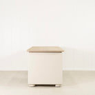 As Shown: Beach White (Top) in Solid Oak with a Bullnosed Edge, Plaster Limestone (Base) in Revere Pewter