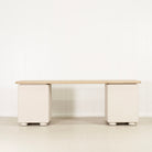 As Shown: Beach White (Top) in Solid Oak with a Bullnosed Edge, Plaster Limestone (Base) in Revere Pewter