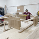 As Shown: in Leather. Oak finished in Mint White Natural. in Sky Stone fabric, oak finished in Mint White Natural.