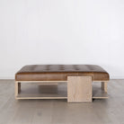 As Shown: in Leather. Oak finished in Mint White Natural.
