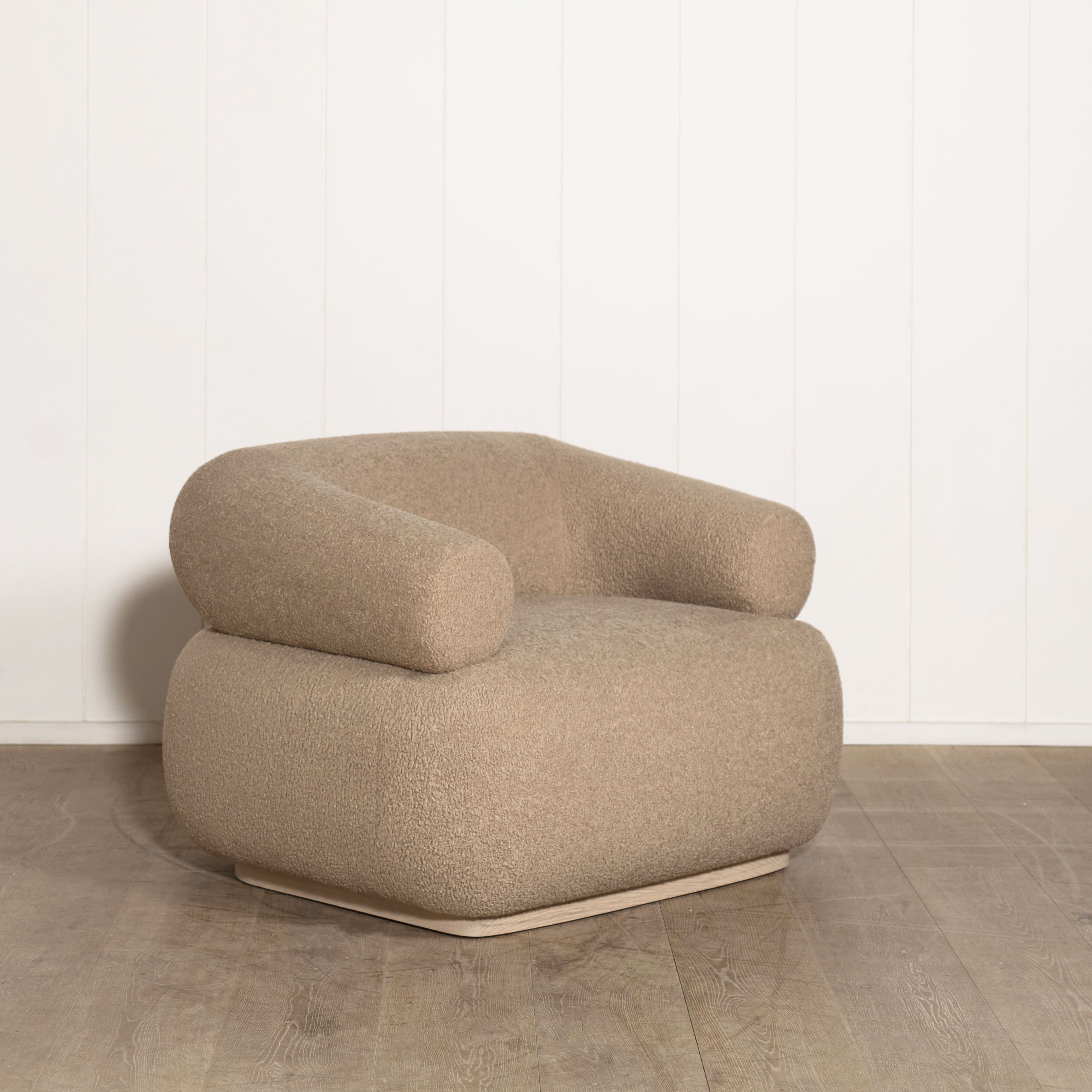 As Shown: in Sheepskin Toast with oak base stained in Mint White Natural.
