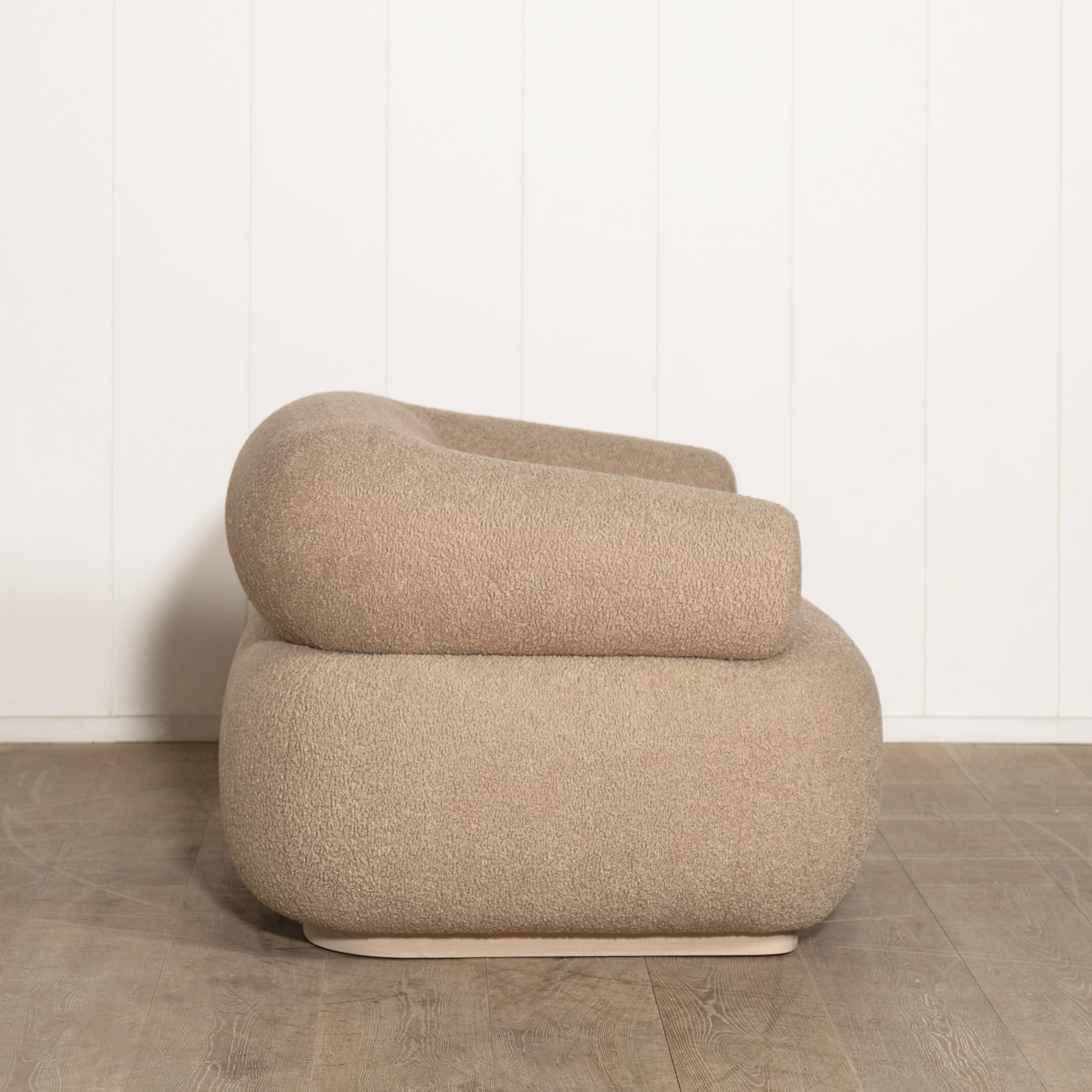 As Shown: in Sheepskin Toast with oak base stained in Mint White Natural.