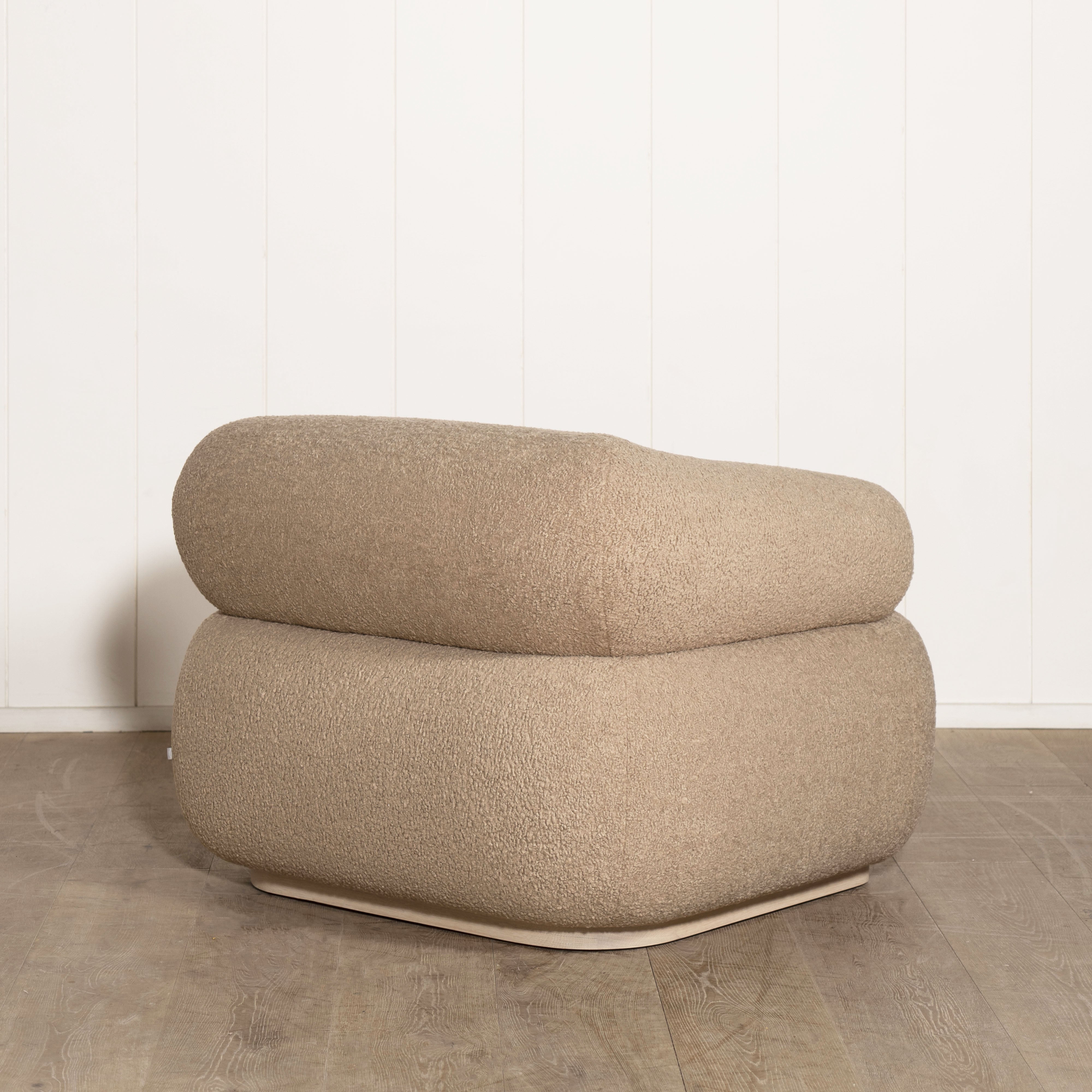 As Shown: in Sheepskin Toast with oak base stained in Mint White Natural.
