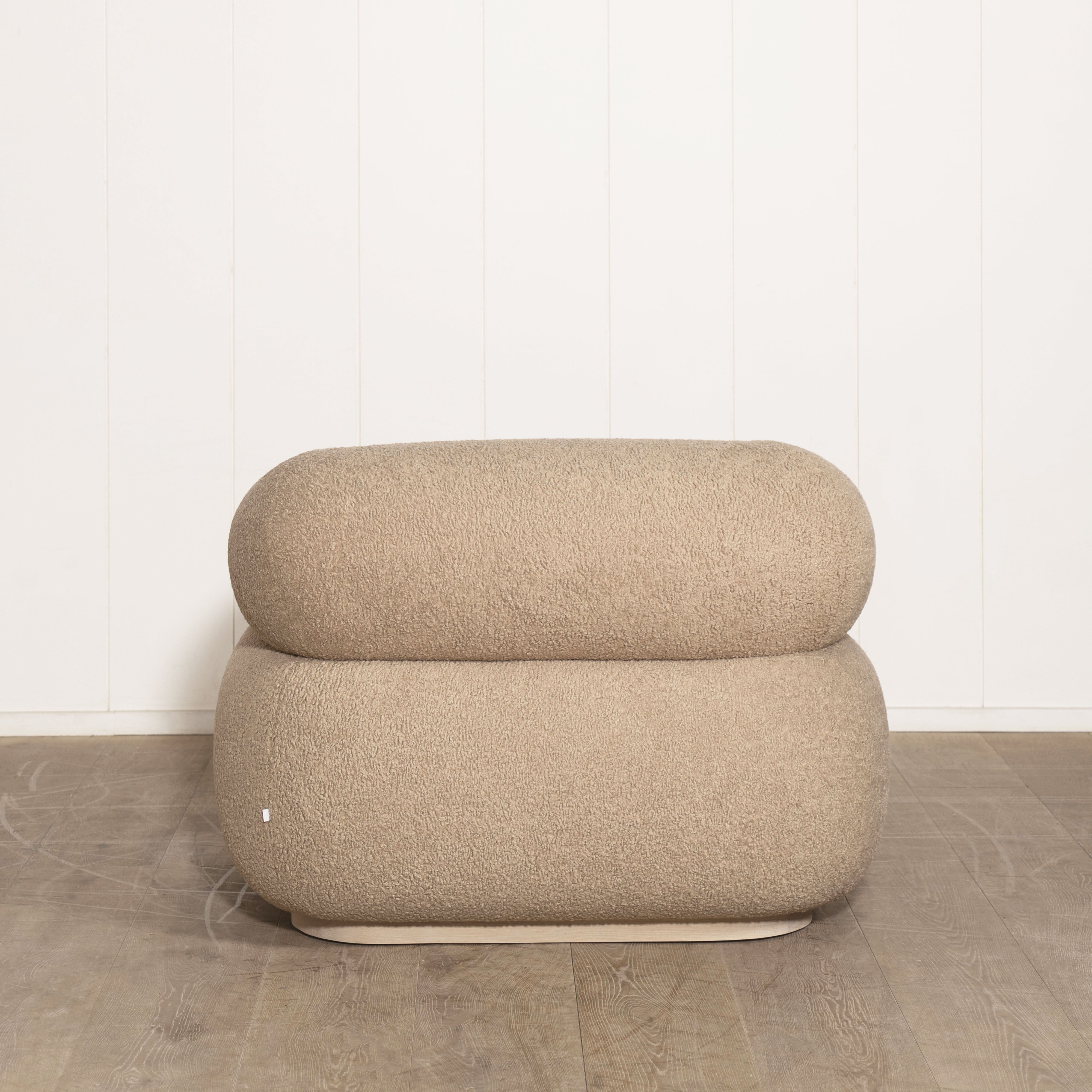 As Shown: in Sheepskin Toast with oak base stained in Mint White Natural.