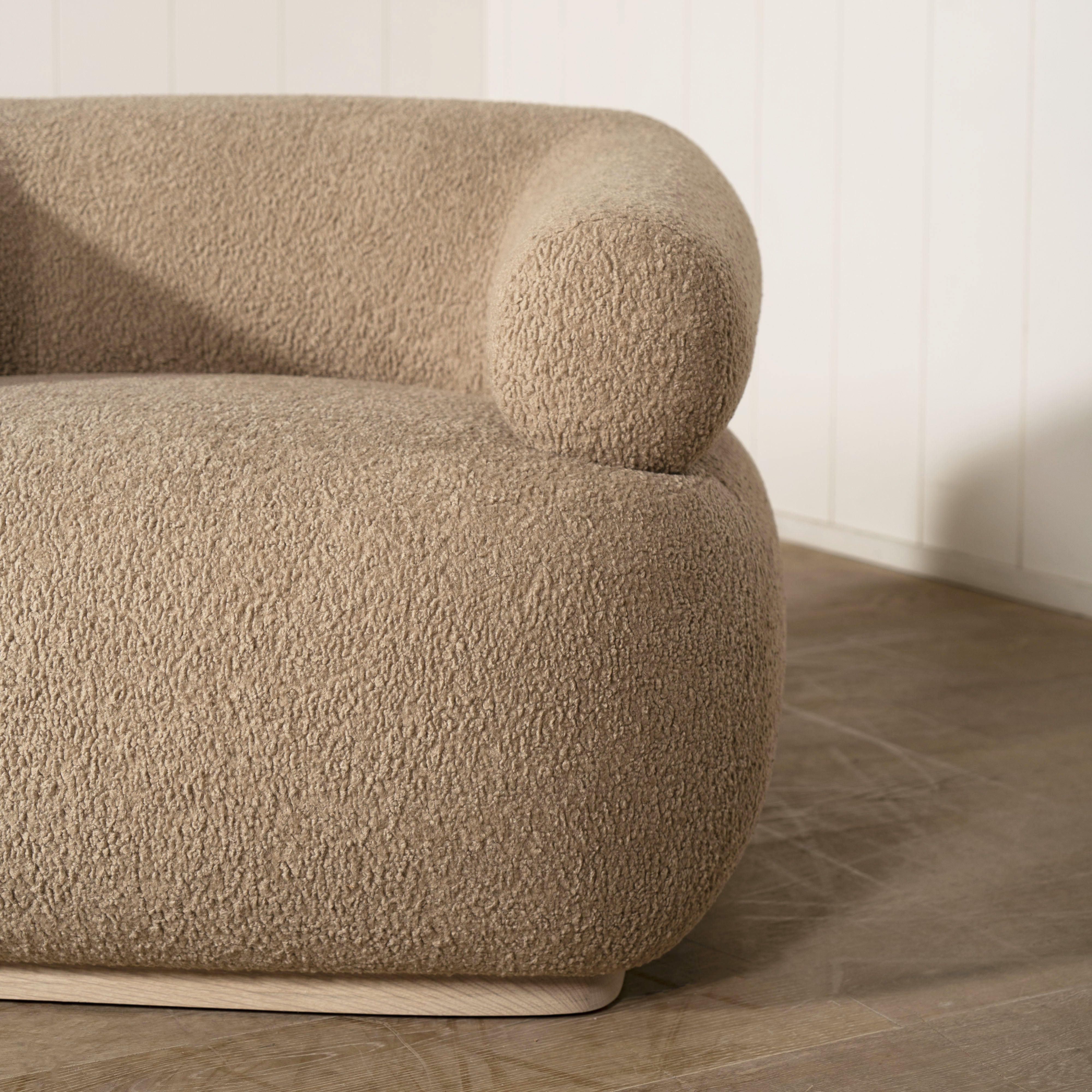 As Shown: in Sheepskin Toast with oak base stained in Mint White Natural.