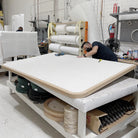 As Shown: in Parker Sand, oak finished in Mint White Super White.