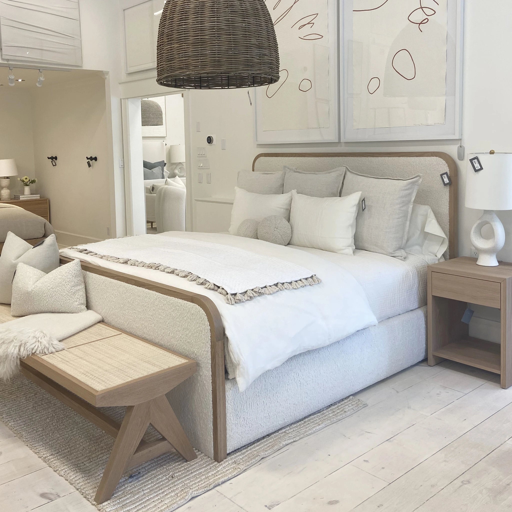 As Shown: in Parker Sand, oak finished in Mint White Super White.