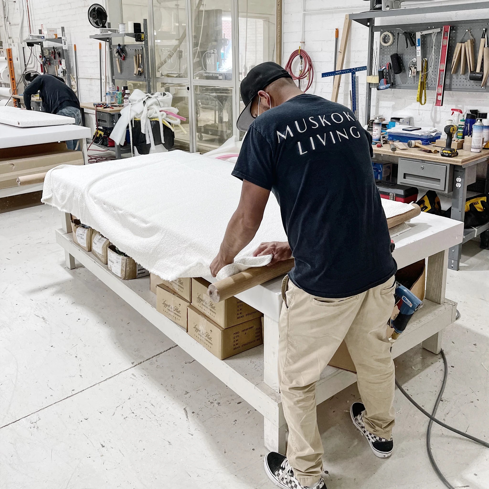 Muskoka Living Collection - Will Rogers Bed - shown in sheepskin white and natural finished oak - made to order at our LA workshop.