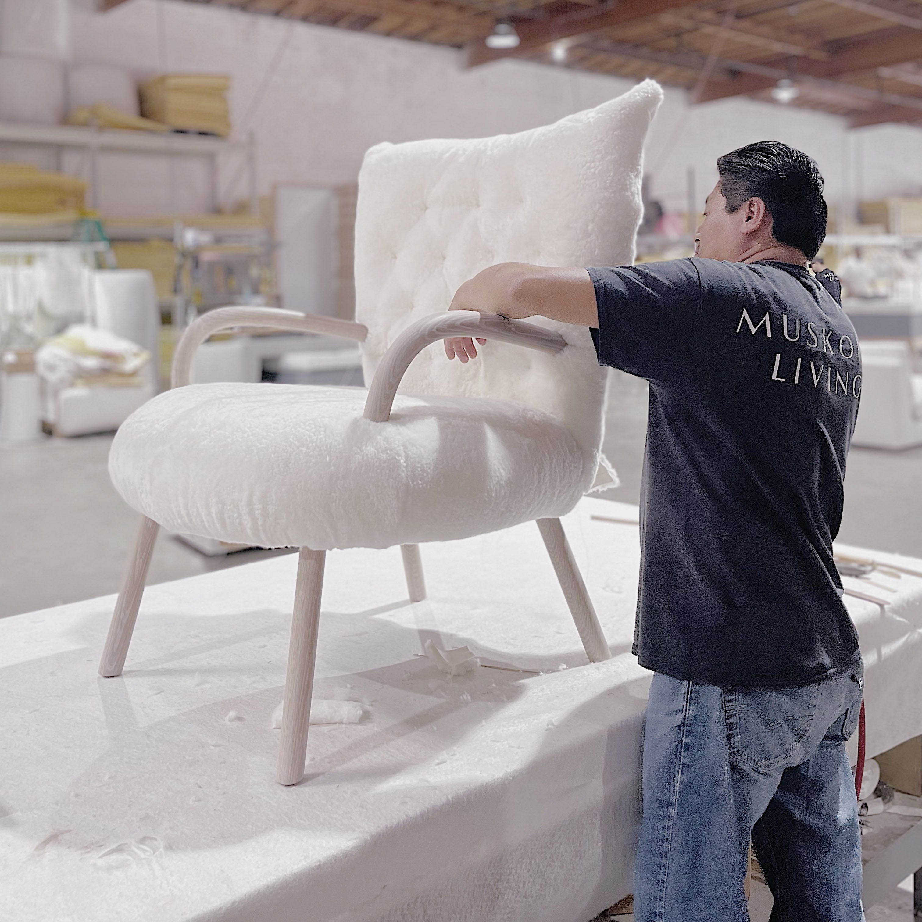 As Shown: in Ivory Shearling, oak finished in Mint White Super White