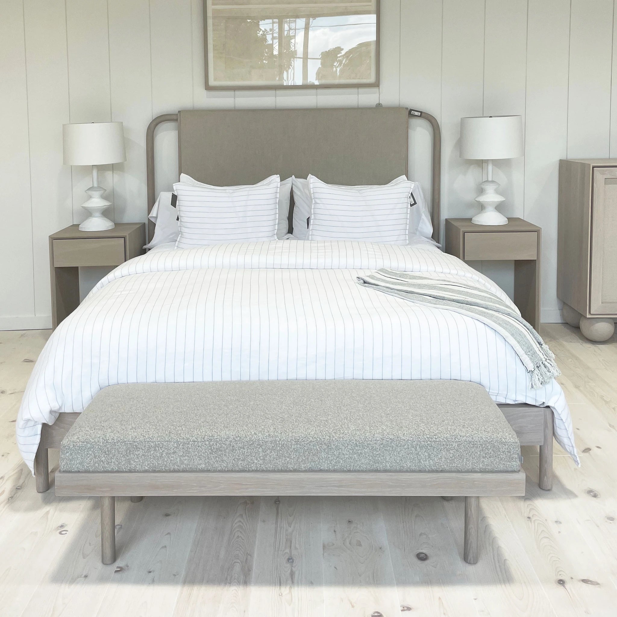 As Shown: in Arlo Oatmeal finished in Mint White Super White