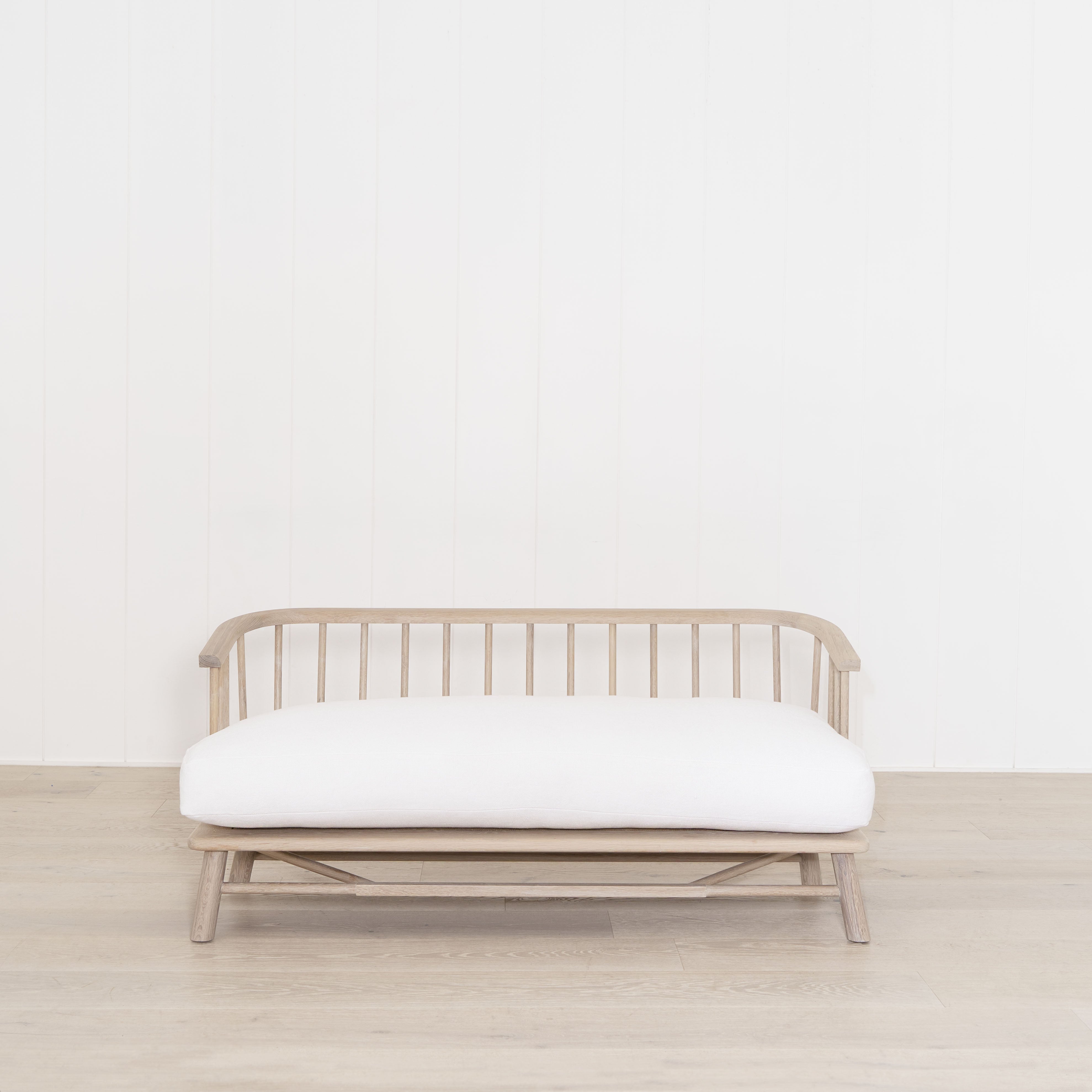 As Shown: in Frame White, oak finished in Mint White Natural.