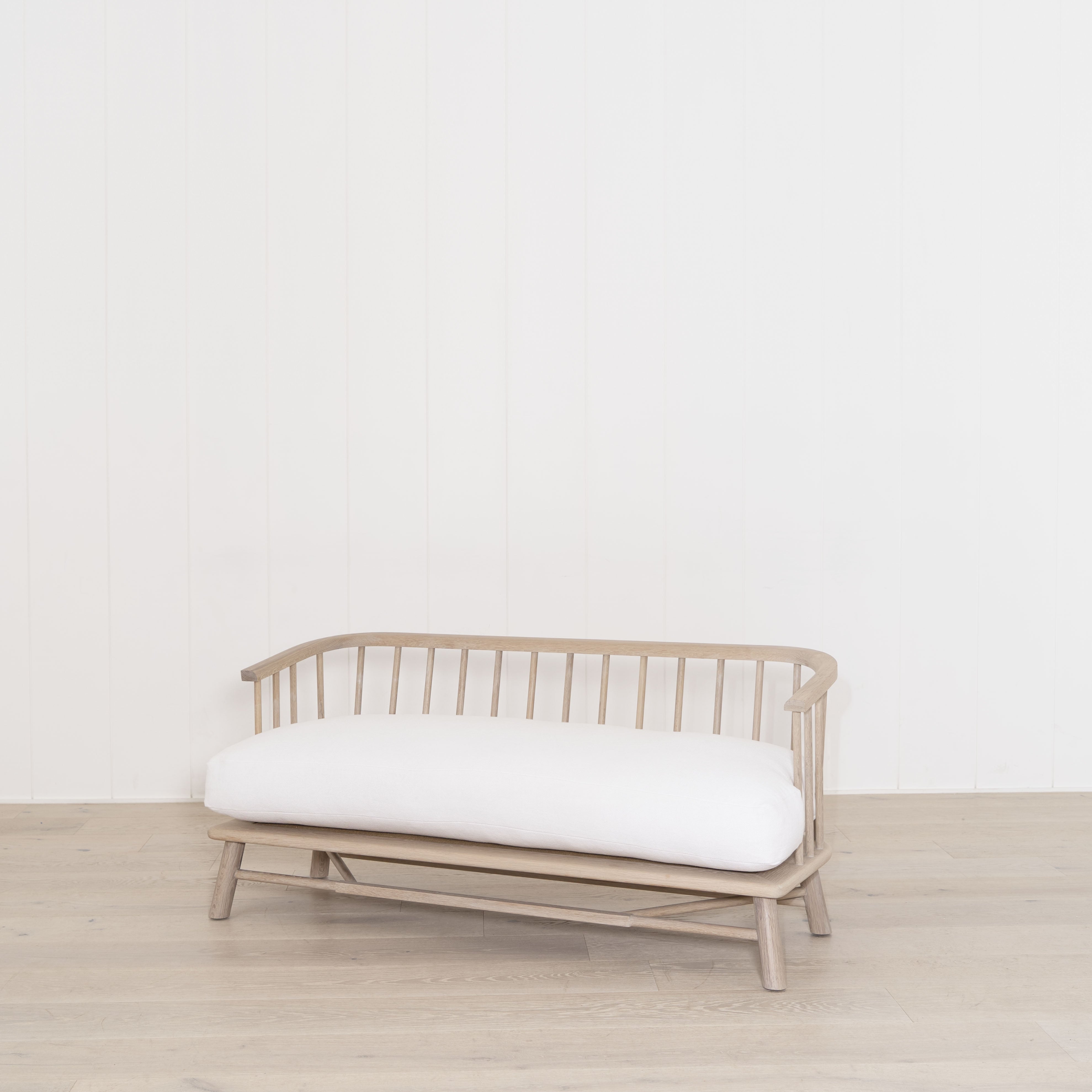 As Shown: in Frame White, oak finished in Mint White Natural.