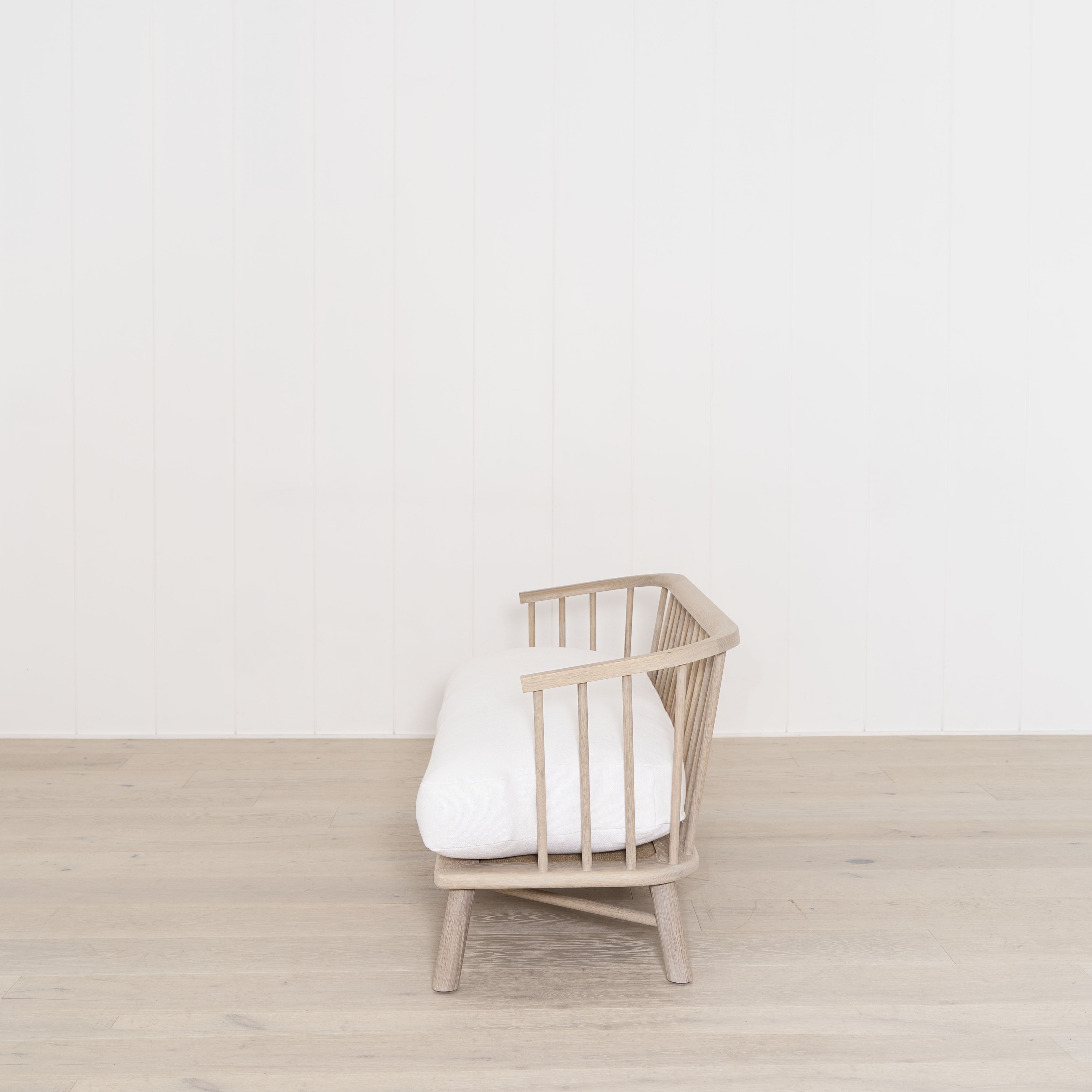 As Shown: in Frame White, oak finished in Mint White Natural.