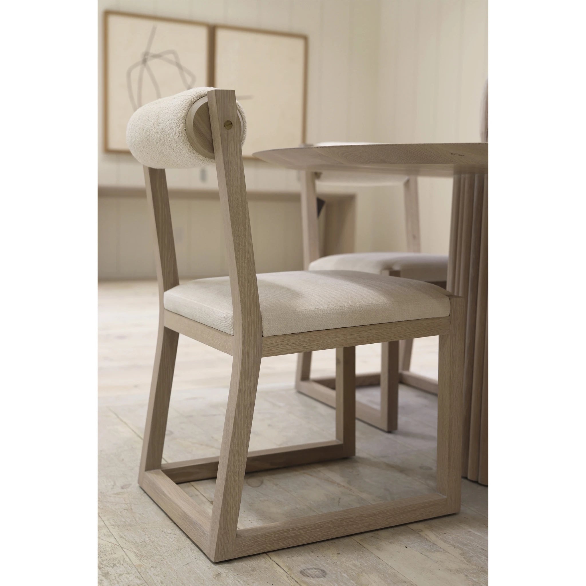 As Shown: in Lincoln Slate seat and Dusty Beige Shearling back. Oak finished in Mint White Super White.