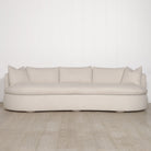 As Shown: Upholstered in Belgian Oatmeal, oak base finished in Mint White Super White