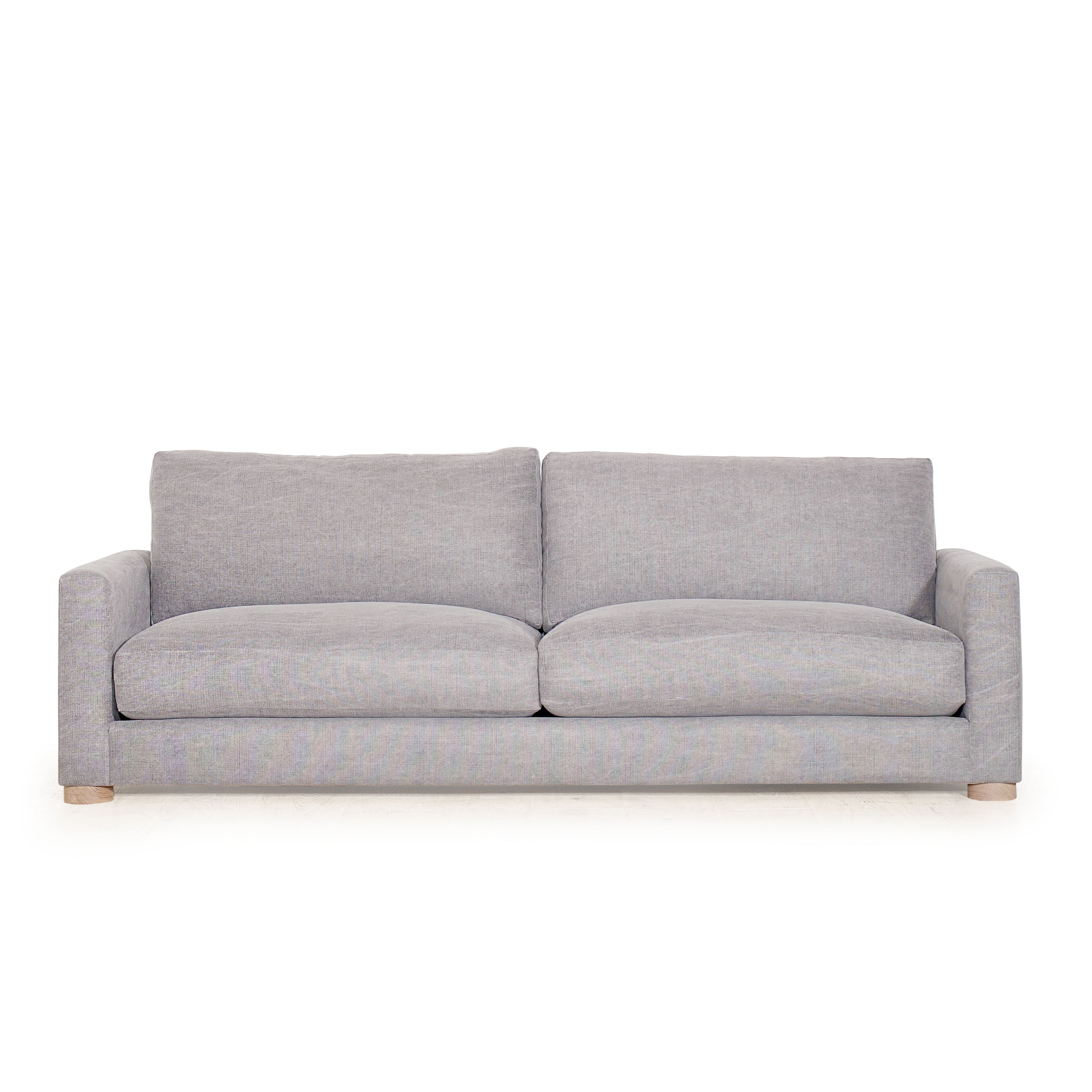 As Shown: in COM fabric, oak legs finished in Mint White Natural.
