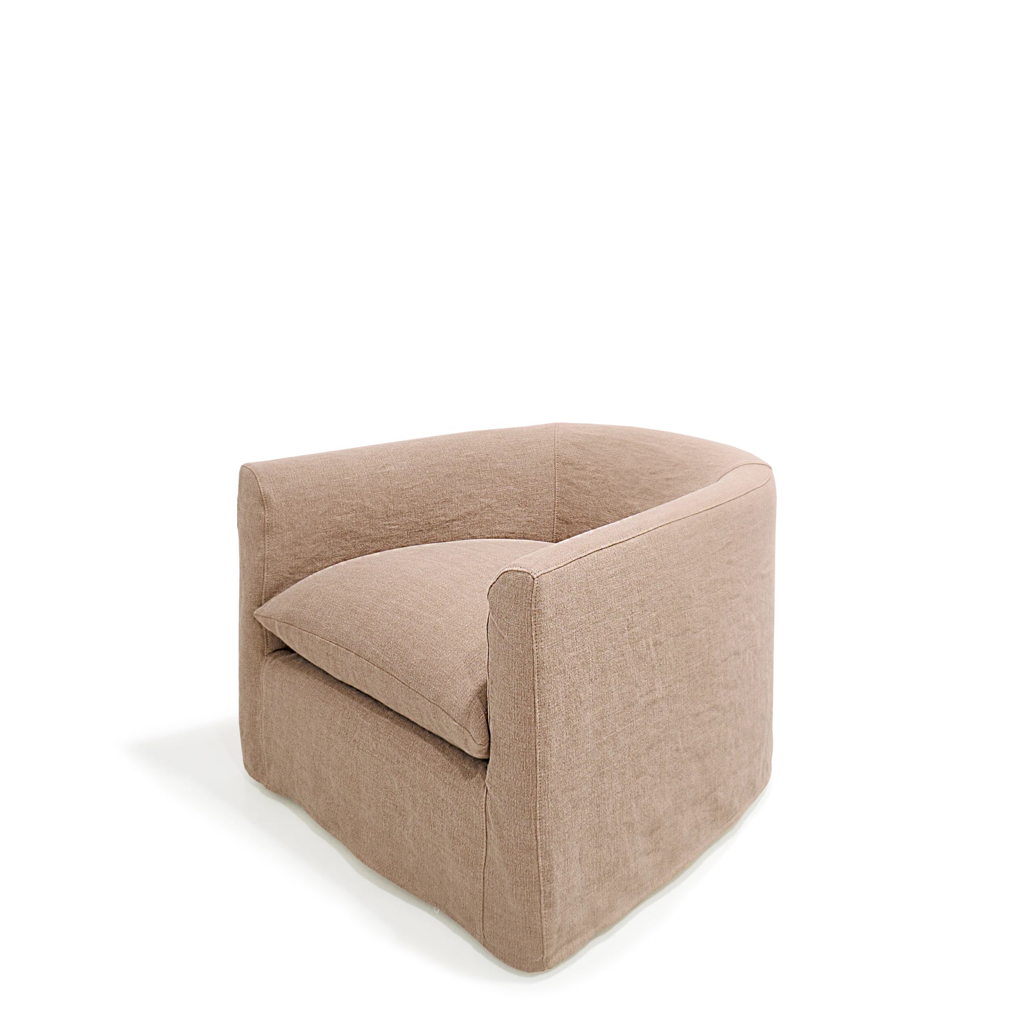 As Shown: in swivel, slipcovered Granby Clay