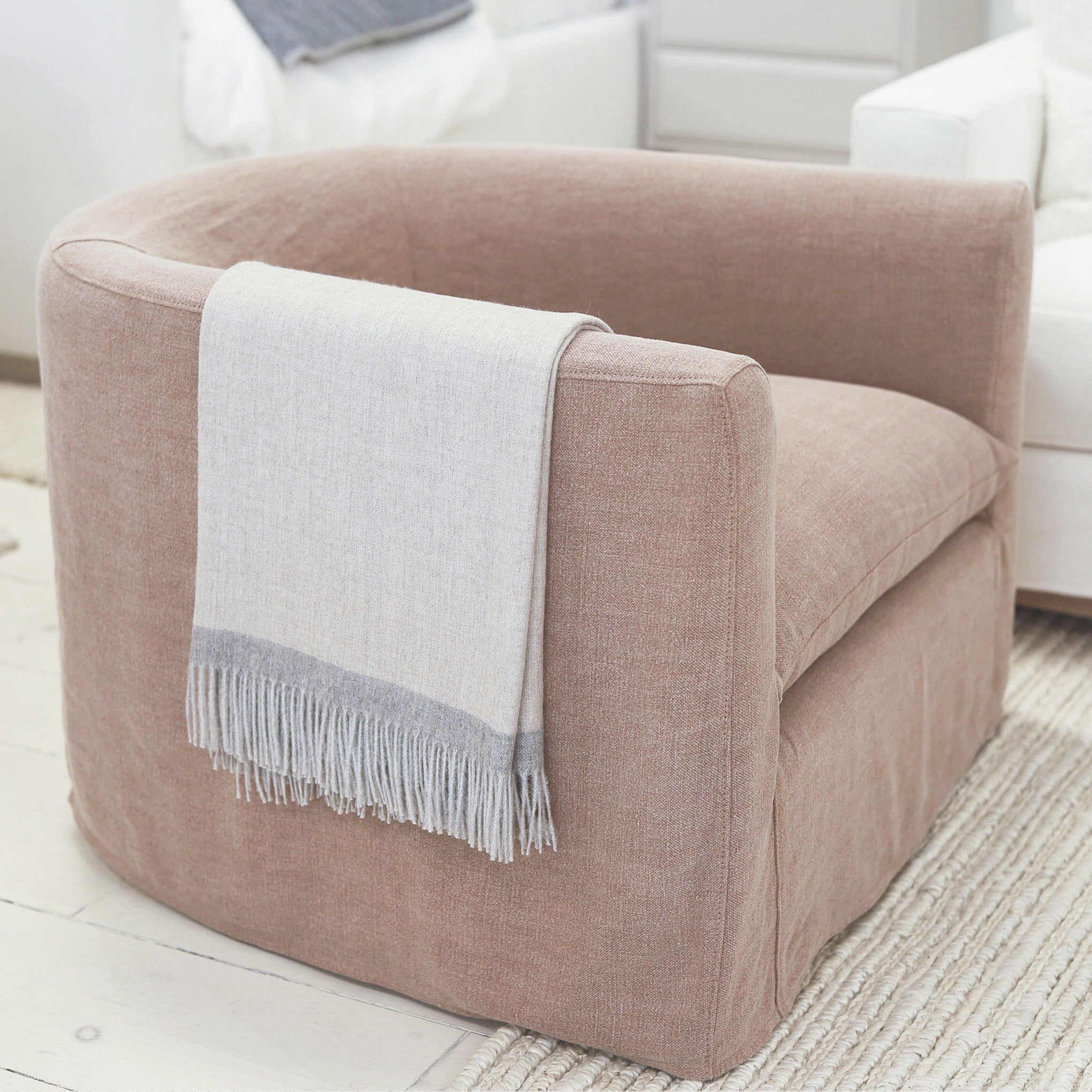 As Shown: in swivel, slipcovered Granby Clay
