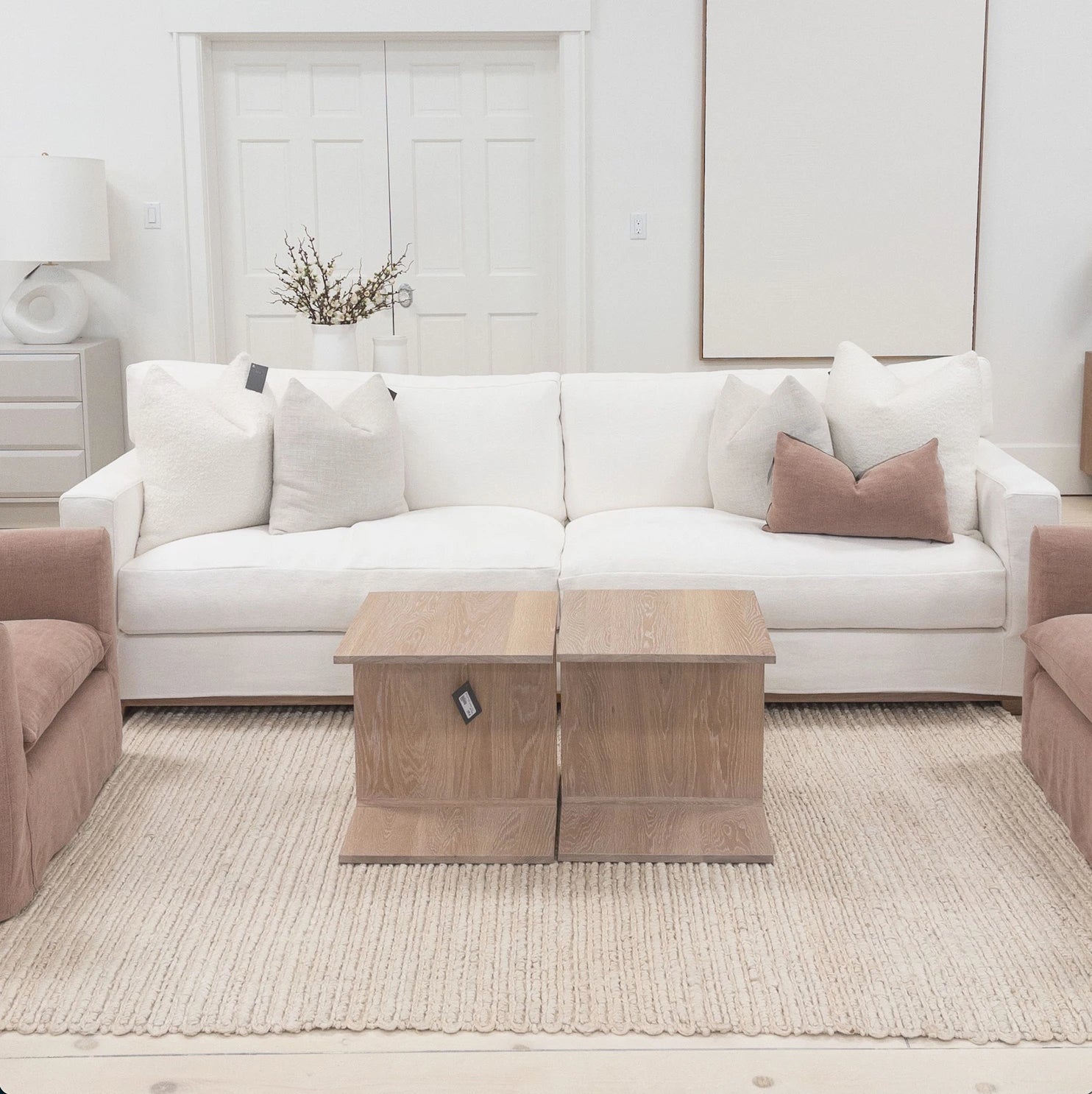 As Shown: in Large, short slipcovered in Fresno Sand, oak legs in custom finish
