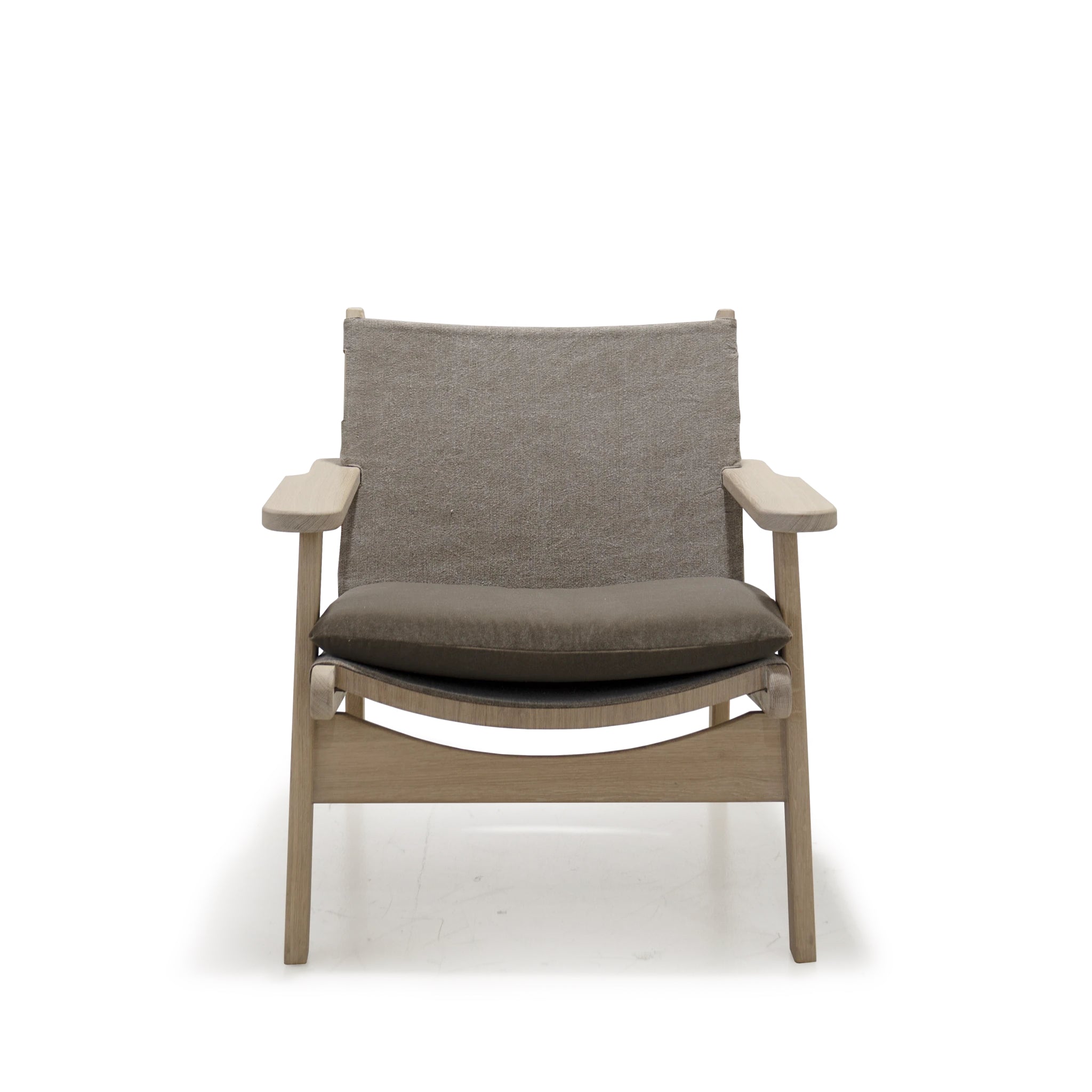 As Shown: in COM and Sky Taupe cushion.Oak finished in Mint White Natural.
