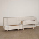 As Shown: Variant 1: (Body) Ash wire brushed in Revere Pewter, (Base) Oak stained in Mint White Natural