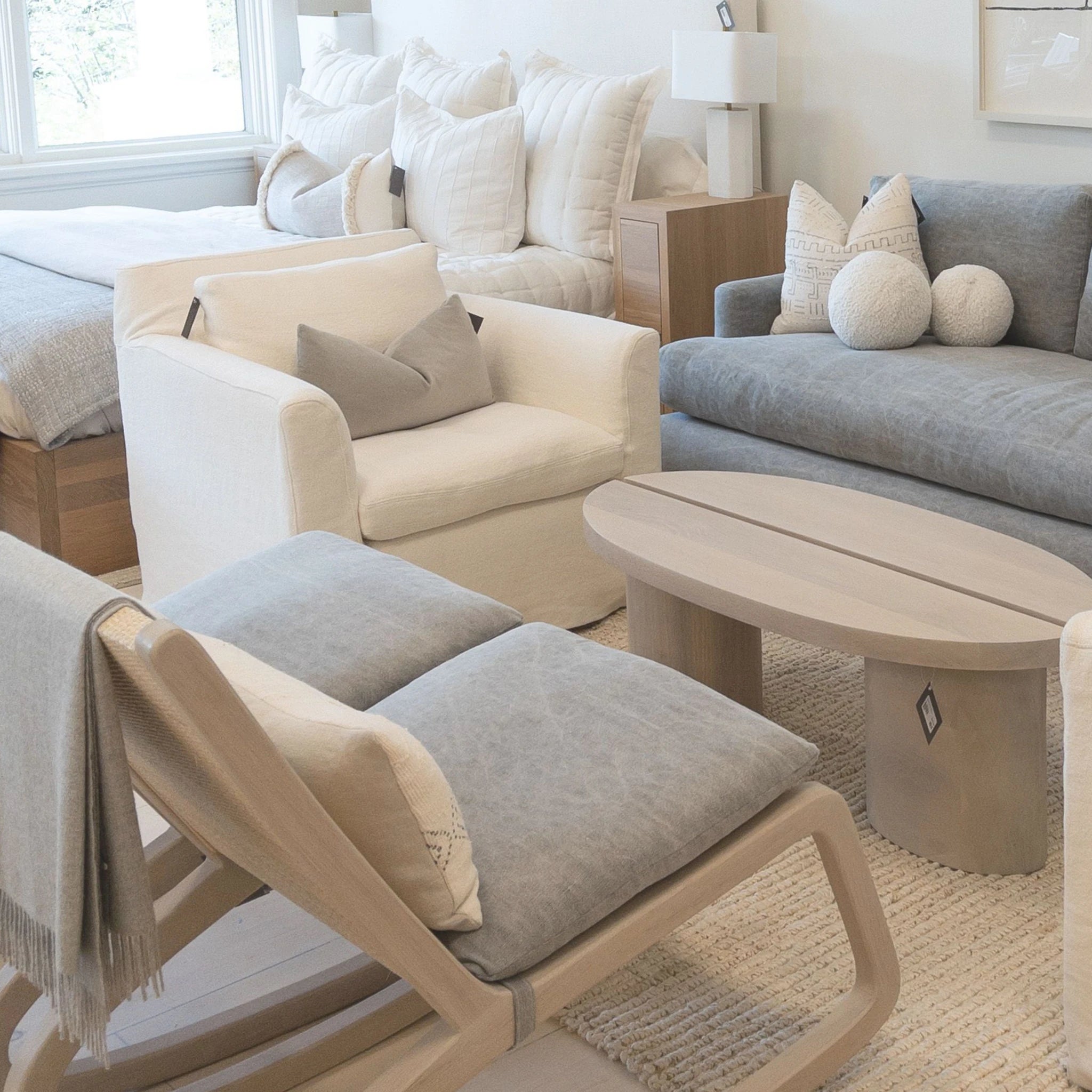 As Shown: in Upholstered Belgian Fog, swivel.