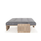 As Shown: in Leather. Oak finished in Mint White Natural. in Sky Stone fabric, oak finished in Mint White Natural.