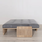 As Shown: in Leather. Oak finished in Mint White Natural. in Sky Stone fabric, oak finished in Mint White Natural.