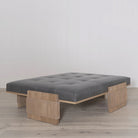 As Shown: in Leather. Oak finished in Mint White Natural. in Sky Stone fabric, oak finished in Mint White Natural.