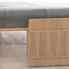 As Shown: in Leather. Oak finished in Mint White Natural. in Sky Stone fabric, oak finished in Mint White Natural.