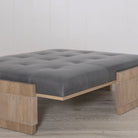 As Shown: in Leather. Oak finished in Mint White Natural. in Sky Stone fabric, oak finished in Mint White Natural.
