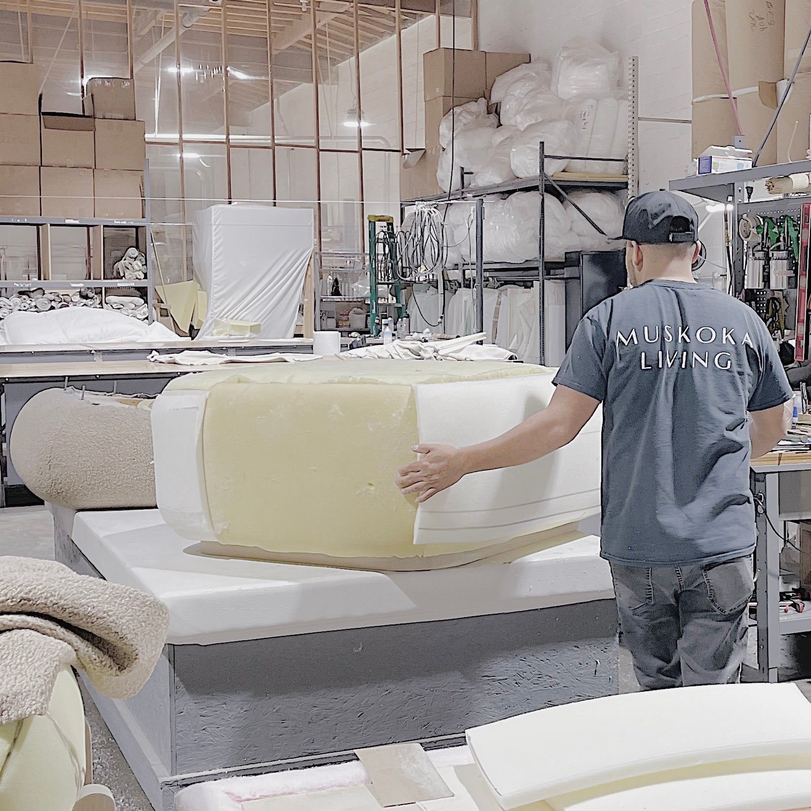 As Shown: in Sheepskin Toast with oak base stained in Mint White Natural.