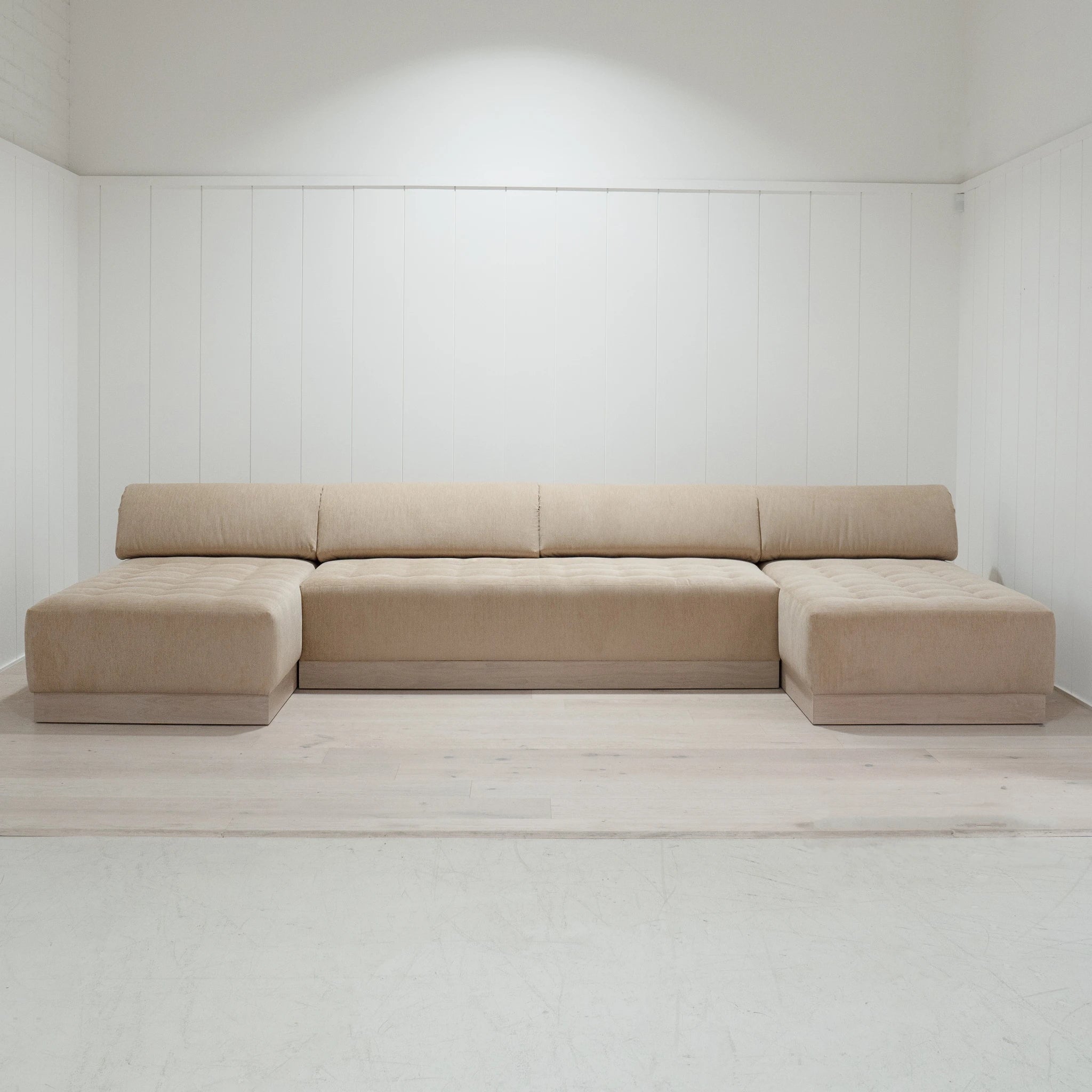 As Shown: in Mila Cashew, with Sky Hemp inside cushion; Mint White Super White finish.